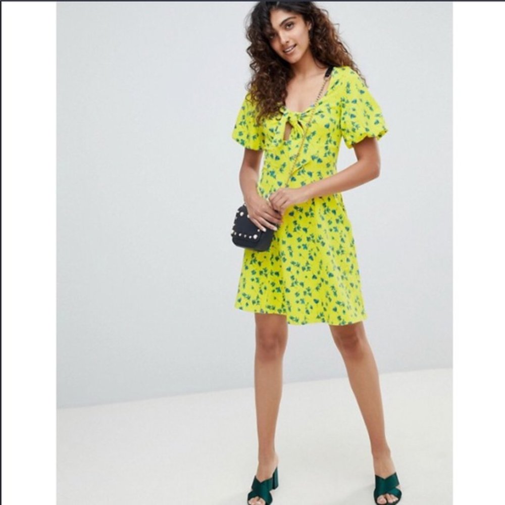 Asos Yellow Floral Tie Front Skater Sundress Sz 4